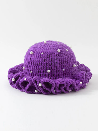 Women’s Pearl Ruffled Crochet Knit Bucket Hat