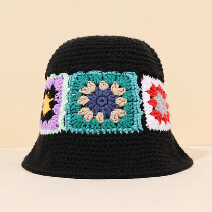 Black Knitted Wide Brim Flower Patch Bucket Hat