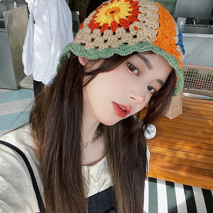 Korean Patchwork Handwoven Knitted Crochet Women Bucket Hat