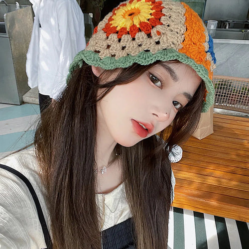 Korean Patchwork Handwoven Knitted Crochet Women Bucket Hat