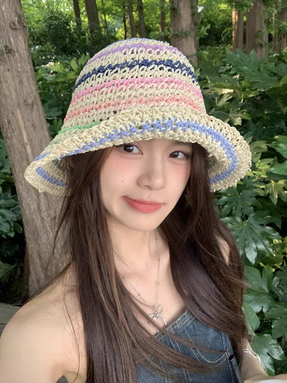 Rainbow Woven Japanese Straw Summer Bucket Hat