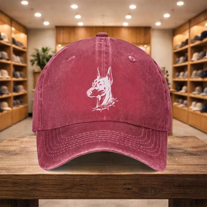 Doberman Printed Washed Denim Adjustable Baseball Cap