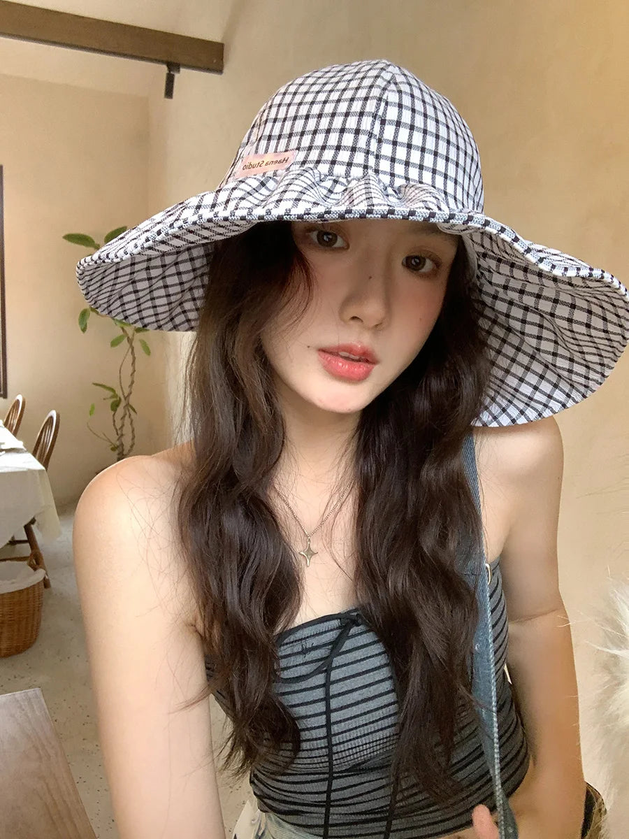 Japanese Plaid Knot Wide Brim Summer Bucket Hat