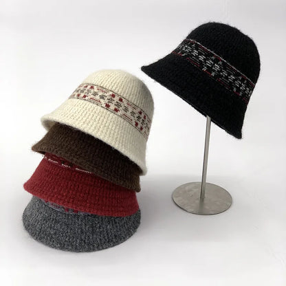 Ethnic Knitted Autumn Winter Bucket Hat Versatile Street Style