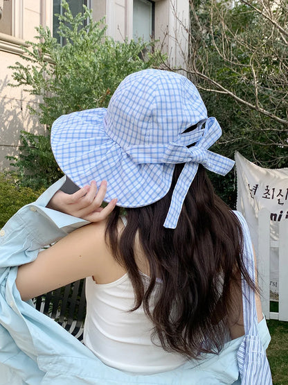 Japanese Plaid Knot Wide Brim Summer Bucket Hat