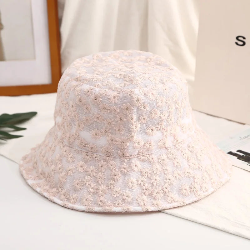 Panama Lace Transparent Flower Korean Beach Bucket Hat