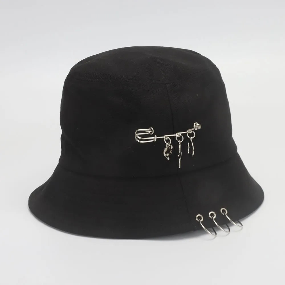 Black Metal Ring Foldable Bucket Hat Unisex