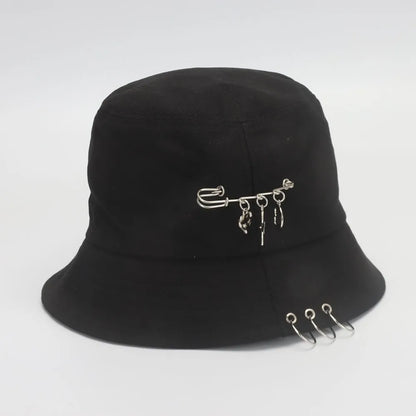 Black Metal Ring Foldable Bucket Hat Unisex