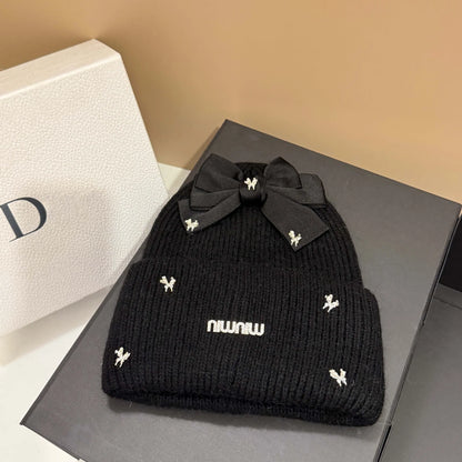 Luxury Rabbit Fur Knit Winter Beanie with Bow