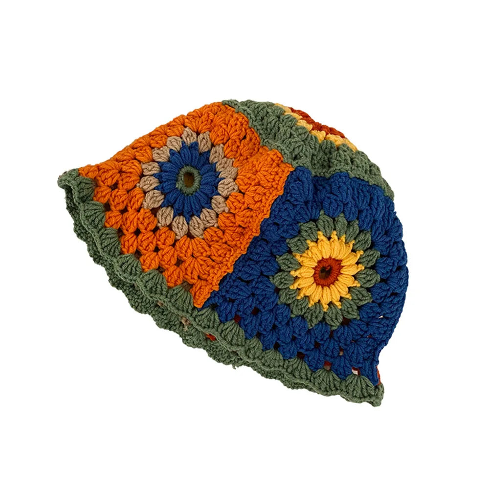 Korean Patchwork Handwoven Knitted Crochet Women Bucket Hat