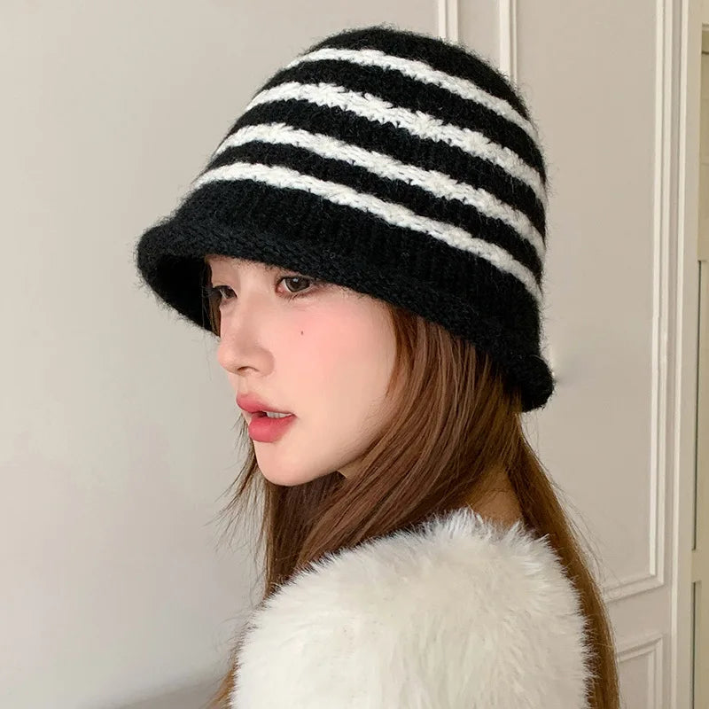 Korean Style Striped Knitted Winter Bucket Hat