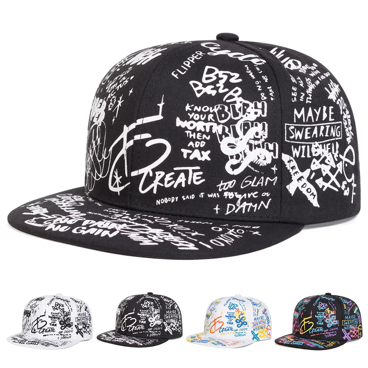Black White Letter Graffiti Hip Hop Snapback Cap