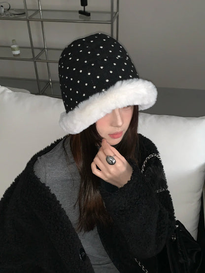 Winter Polka Dot Plush Bucket Hat