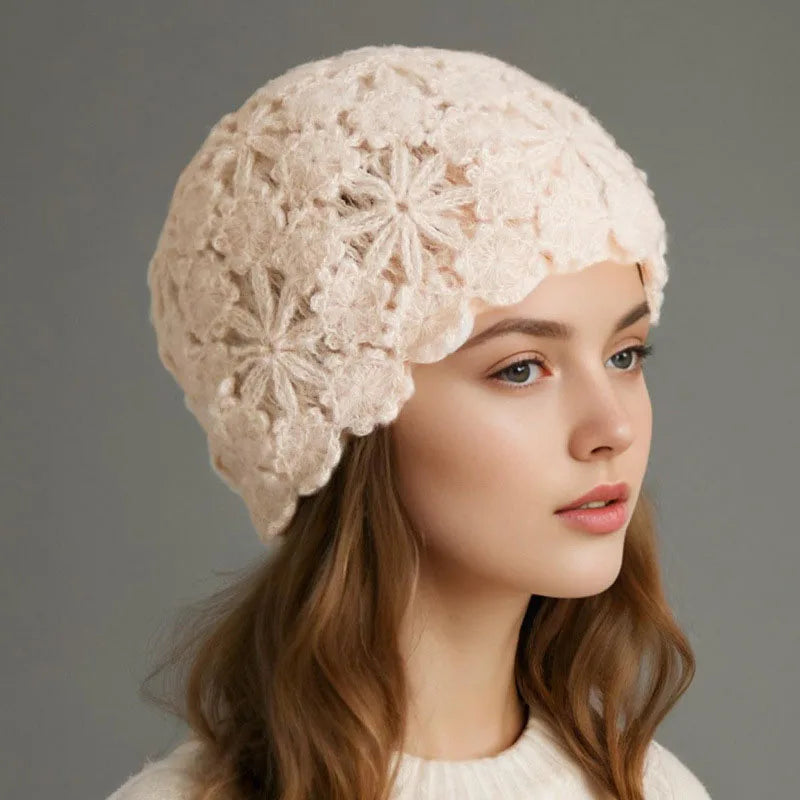 Floral Knit Winter Beret Bucket Hat