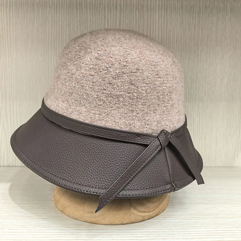 PU Leather Patchwork Wool Bucket Hat