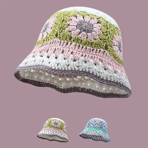 Knit Flower Breathable Multicolor Wide Brim Bucket Hat