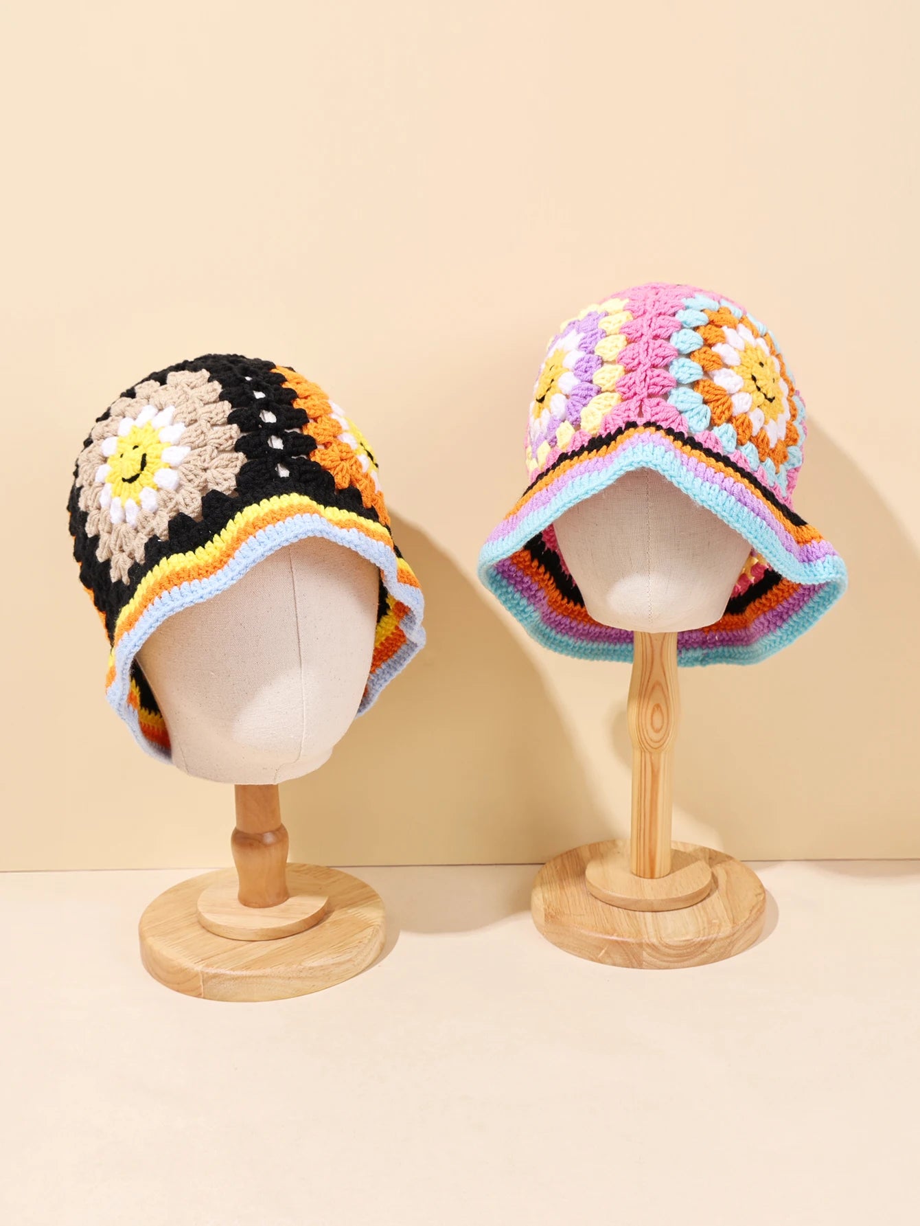 Vintage Smiley Face Patch Crochet Bucket Hat