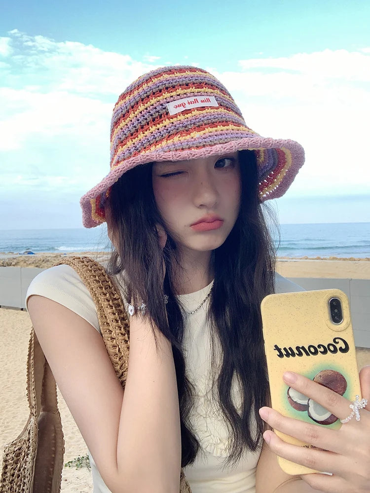 Summer Rainbow Striped Foldable Handmade Bucket Hat