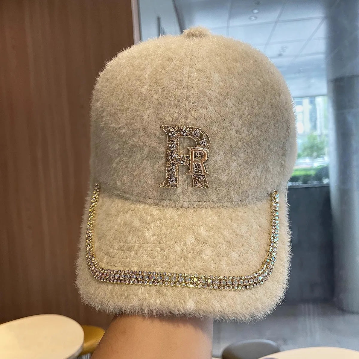 Rhinestone Alphabet Mink Fur Kids Baseball Cap