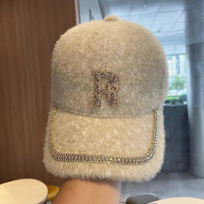 Rhinestone Alphabet Mink Fur Kids Baseball Cap