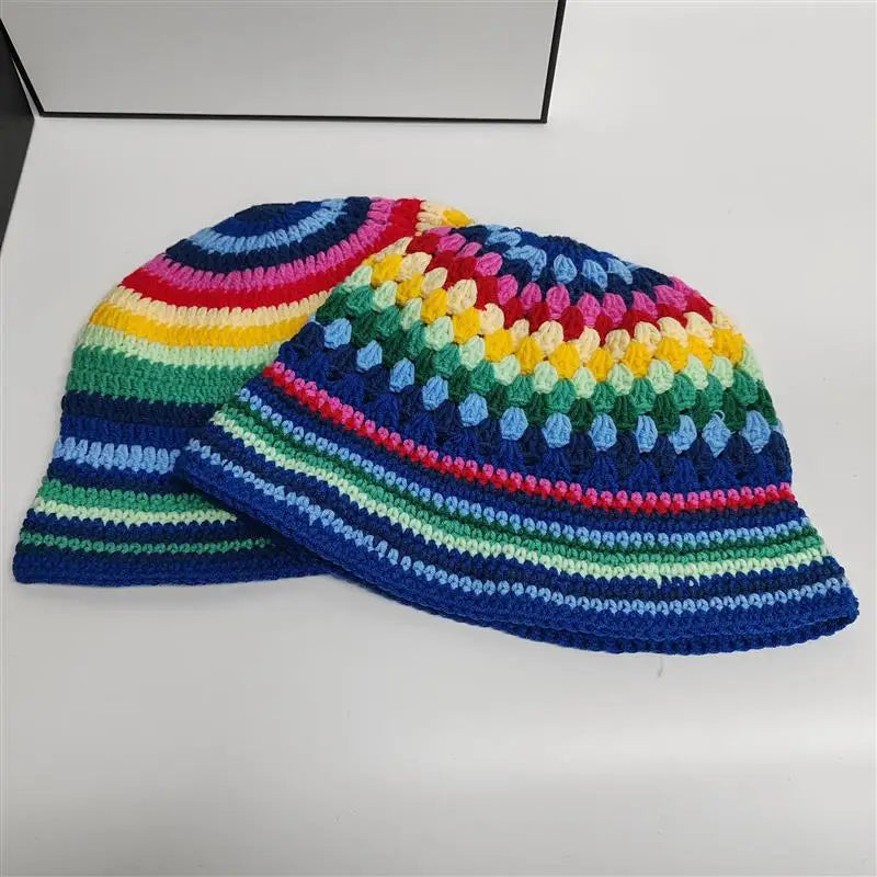 Hand Crochet Striped Contrast Knit Bucket Hat