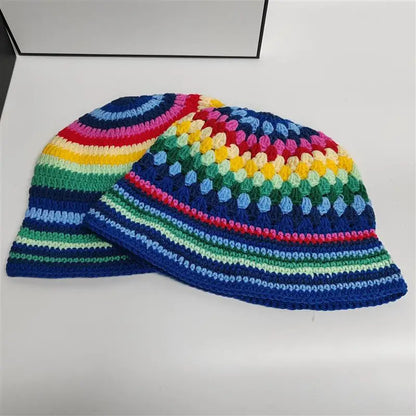 Hand Crochet Striped Contrast Knit Bucket Hat