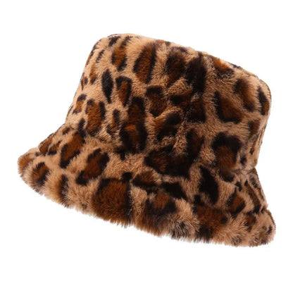 Leopard Print Plush Winter Fisherman Bucket Hat