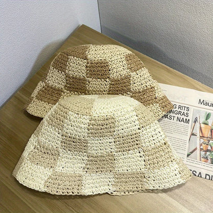 Korean Checkerboard Woven Straw Bucket Hat