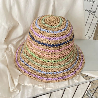 Korean Handmade Rainbow Striped Straw Bucket Hat