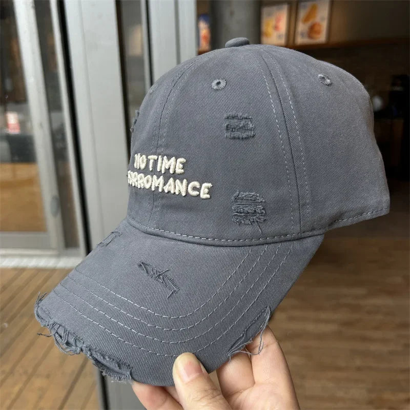 Distressed Script Embroidery Washed Cotton Baseball Cap