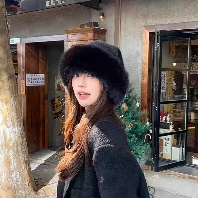 Designer Faux Fur Winter Bucket Hat Women Plush Fisherman Cap