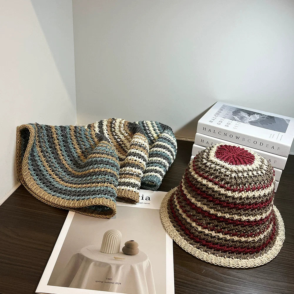 Handmade Stripe Foldable Fashion Straw Bucket Hat
