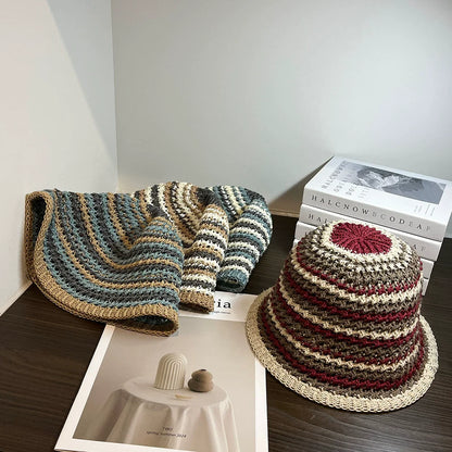 Handmade Stripe Foldable Fashion Straw Bucket Hat