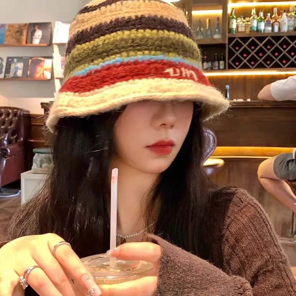 Korean Striped Warm Knitted Bucket Hat