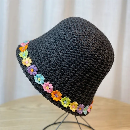 Womens Woven Rainbow Straw Foldable Bucket Hat