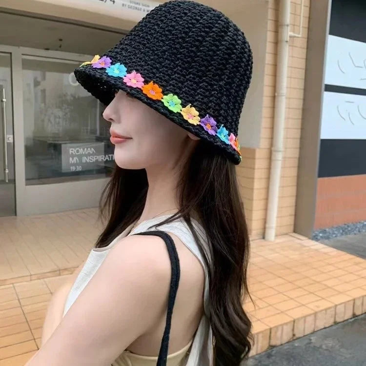 Womens Woven Rainbow Straw Foldable Bucket Hat