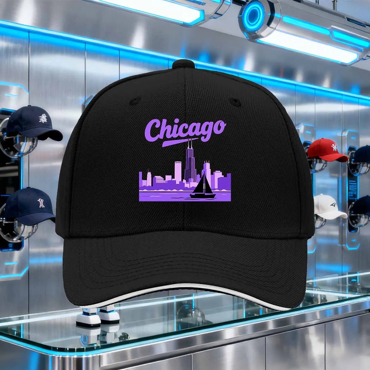 Chicago Skyline Sailboat Graphic Baseball Cap