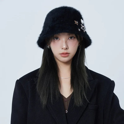 Rhinestone Sequined Rabbit Fur Knit Bucket Hat