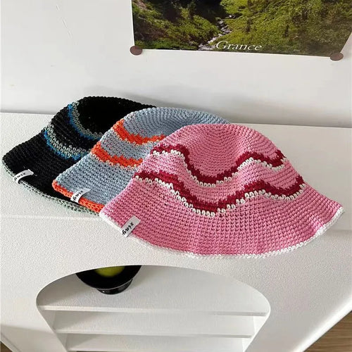 Japanese Korean Striped Colorblock Knitted Bucket Hat