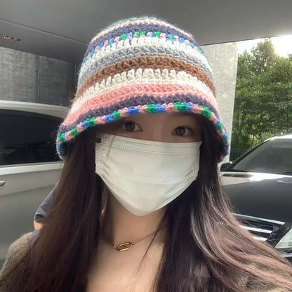 Womens Color Striped Knit Fisherman Bucket Hat
