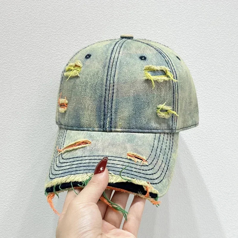 Korean Rainbow Cracked Denim Duck Tongue Baseball Cap