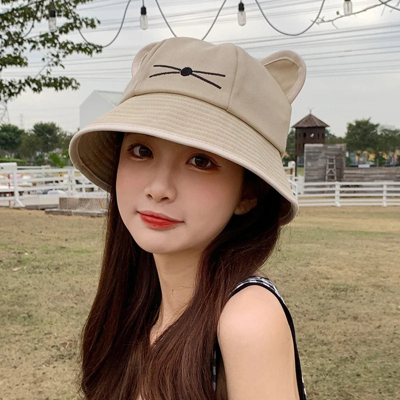 Kawaii Cat Ear Cotton Bucket Hat – Unisex Y2K Summer Cap