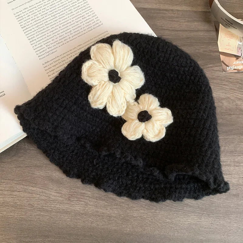 Oversized Floral Knit Korean Bucket Hat