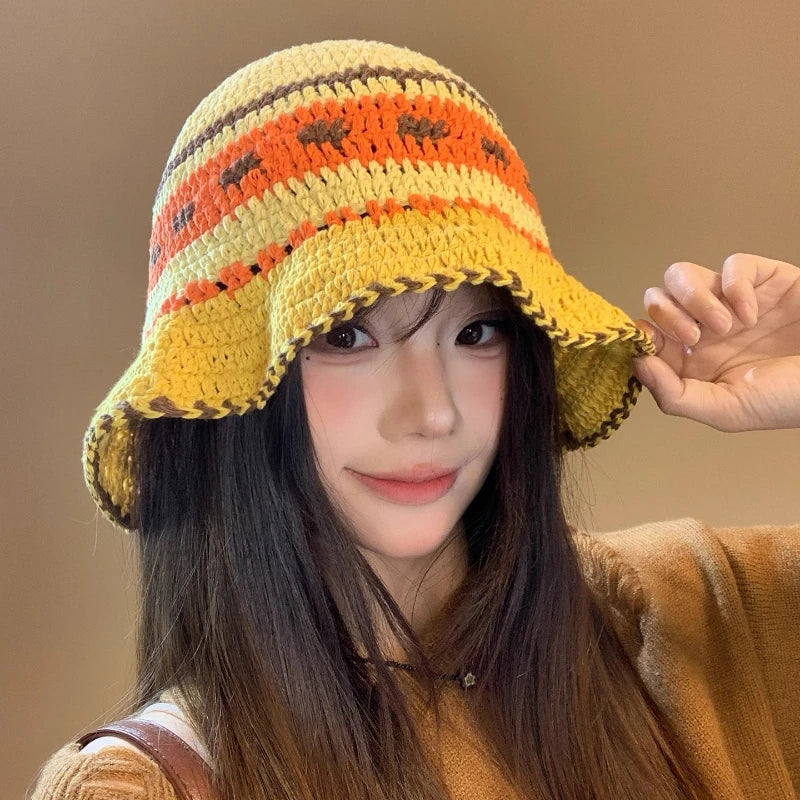 Ins Retro Contrasting Striped Versatile Bucket Hat