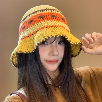 Ins Retro Contrasting Striped Versatile Bucket Hat