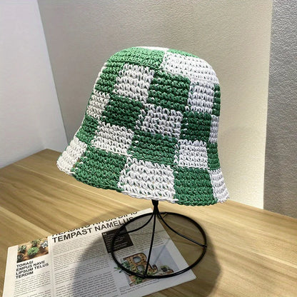 Korean Checkerboard Woven Straw Bucket Hat
