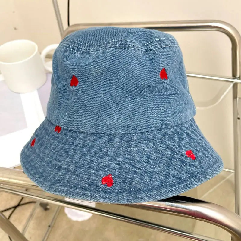 Women’s Embroidered Heart Denim Bucket Hat