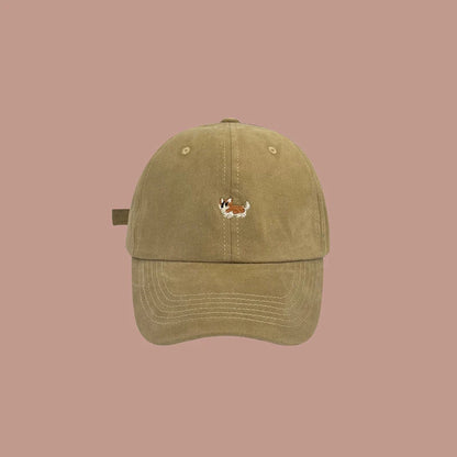 Dog Embroidery Adjustable Cotton Long Brim Baseball Cap