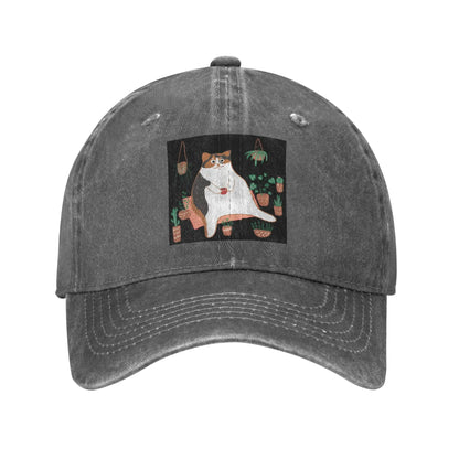 Calico Cat With Pot Plants Denim Adjustable Baseball Cap