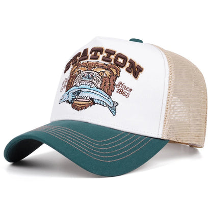 Bear Eating Fish Mesh Baseball Cap